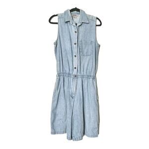 Vtg Denim Romper Womens L Blue Jean Shorts Jorts Button Up Collared Y2K Boho